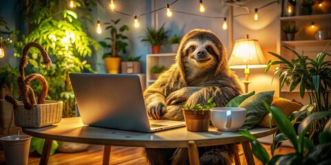Naklejka premium Overworked Sloth Freelancer at Home Late Night on Laptop Surrounded by Cozy Decor and Warm Ambient Lighting, Balancing Work and Relaxation in a Unique Portrait Setting