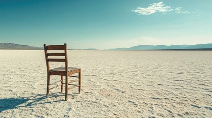 Fototapeta premium Weathered wooden chair stands solitary in a flat, featureless salt desert
