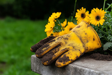  A pair of slightly used gardening gloves rests on the edge of a stone planter. The gloves are covered in faint smudges of soil, and fresh flowers bloom nearby.