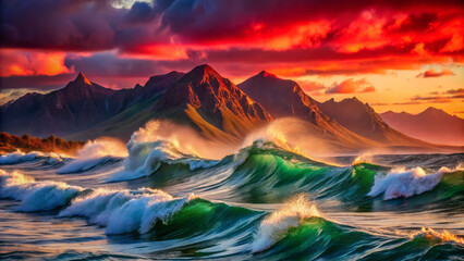 Breathtaking ocean waves crash against shore, reflecting crimson and sage hues from vibrant sunset behind majestic mountains. Nature beauty captivates senses