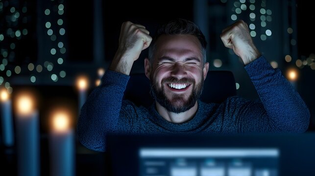 Excited man celebrating success at night with joyful expression