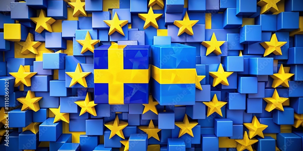 Aufkleber panoramic view of abstract european flag blending with swedish flag in 3d artwork showcasing unity a
