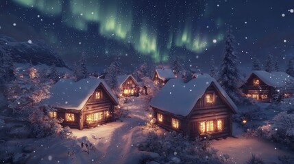 Fototapeta premium Snowfall in a Rustic Village under a Starry Sky with Aurora Borealis