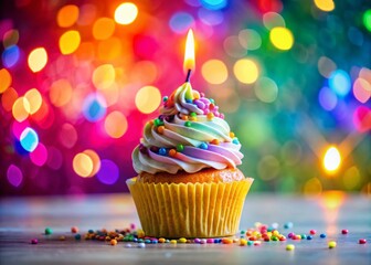 Panoramic View of a Colorful Birthday Cupcake Topped with Rainbow Sprinkles and a Sparkling Candle, Perfect for Celebrations and Festive Occasions, Capturing Delight and Joy