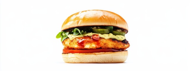 A deluxe chicken burger with avocado and spicy mayo, isolated white background, pop art style