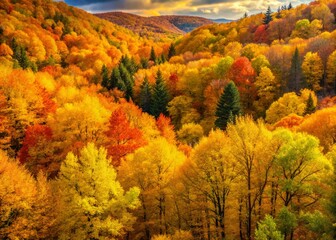 Fototapeta premium Panoramic View of a Dense Forest Covered in Vibrant Autumn Yellow Leaves Creating a Stunning Texture in Nature's Seasonal Transition