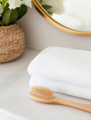 A close-up photograph of two white towels and one wooden hairbrush, placed on a marble countertop in front of an elegant mirror with soft lighting, surrounded by natural elements l