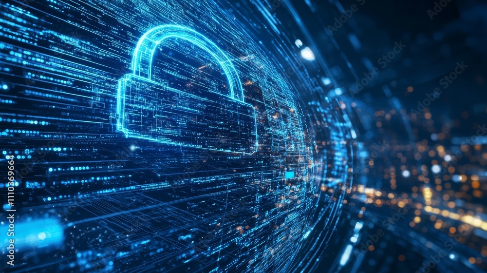 Poster cyber security digital padlock in data stream