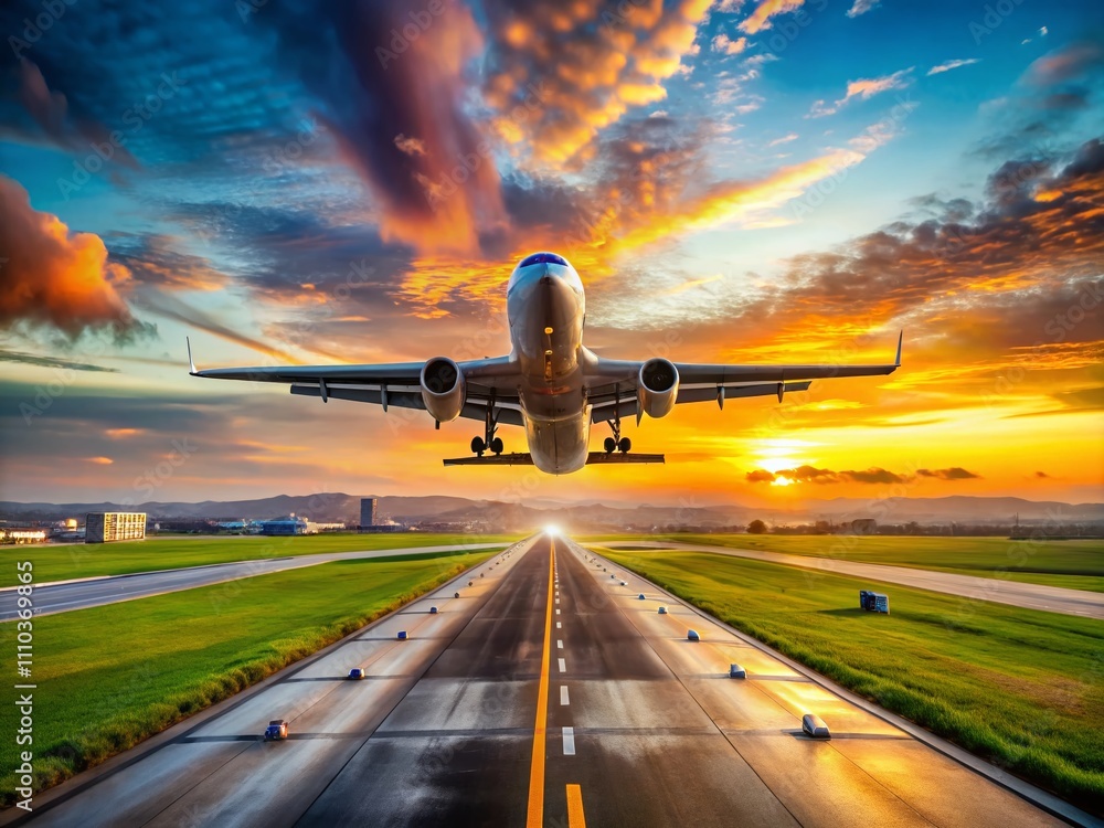 Poster panoramic view of a plane taking off from the runway at sunset, capturing the dynamic motion and ene