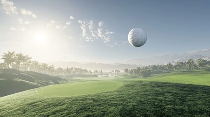 Golf ball mid-flight over a scenic course, clear sky 