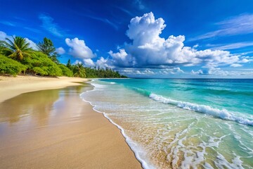 Obraz premium Panoramic View of a Stunning Tropical Sand Beach with Gentle Waves and Clear Blue Sea, Ideal for Relaxation and Travel Inspiration