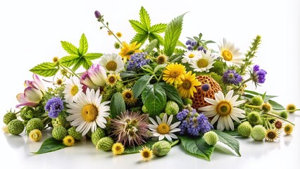Panoramic View of Natural Herbal Arrangement Featuring Chamomile, Hop, Passionflower, and Valerian on a Clean White Background for Wellness and Herbal Medicine Themes