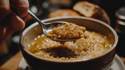spoonful of hearty lentil soup is being lifted from bowl, showcasing its rich texture and warm, comforting appeal. soup is garnished with sprinkle of black pepper