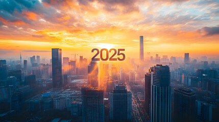 2025 celebration city urban skyline sunrise celebrate future cityscape golden buildings modern skyscrapers