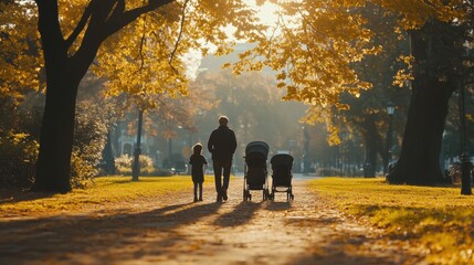 Obraz premium Family stroll on a sunny autumn afternoon in the park with vibrant leaves and a stroller