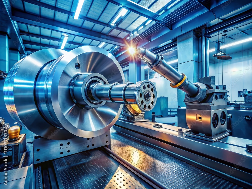 Poster panoramic view of three jaw and four jaw chucks on a modern cnc lathe with tools and machinery in a 