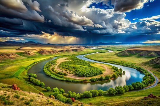 Panoramic View of the Stormy Chilik River Flowing Through the Vast Steppes of Kazakhstan, Capturing the Dramatic Sky and Lush Surroundings in a Mesmerizing Landscape
