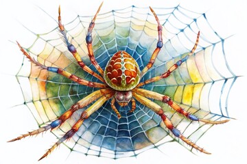 Obraz premium Panoramic Watercolor Illustration of a Spider on a Web, Hand-Drawn Art on White Background for Nature and Insect Lovers, Perfect for Educational and Decorative Purposes