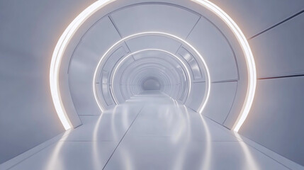 Obraz premium Futuristic 3D tunnel with clean white background, glowing abstract lighting, modern technology design, seamless floor creating depth, perfect for a minimalist stage setting.