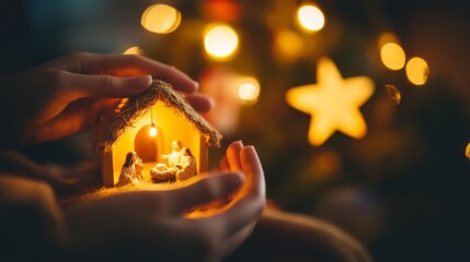 Cozy Hands Holding a Nativity Scene with Soft Lighting