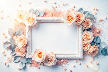 Blank frame adorned with peach roses, eucalyptus, and confetti.