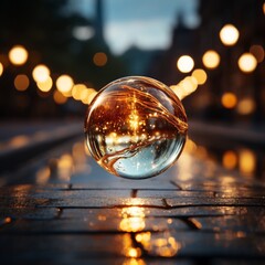 Levitating Transparent Glass Orb Glowing in a Mesmerizing Bokeh Background