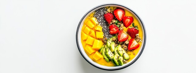 A fresh mango and avocado smoothie bowl topped with granola, chia seeds, and sliced strawberries