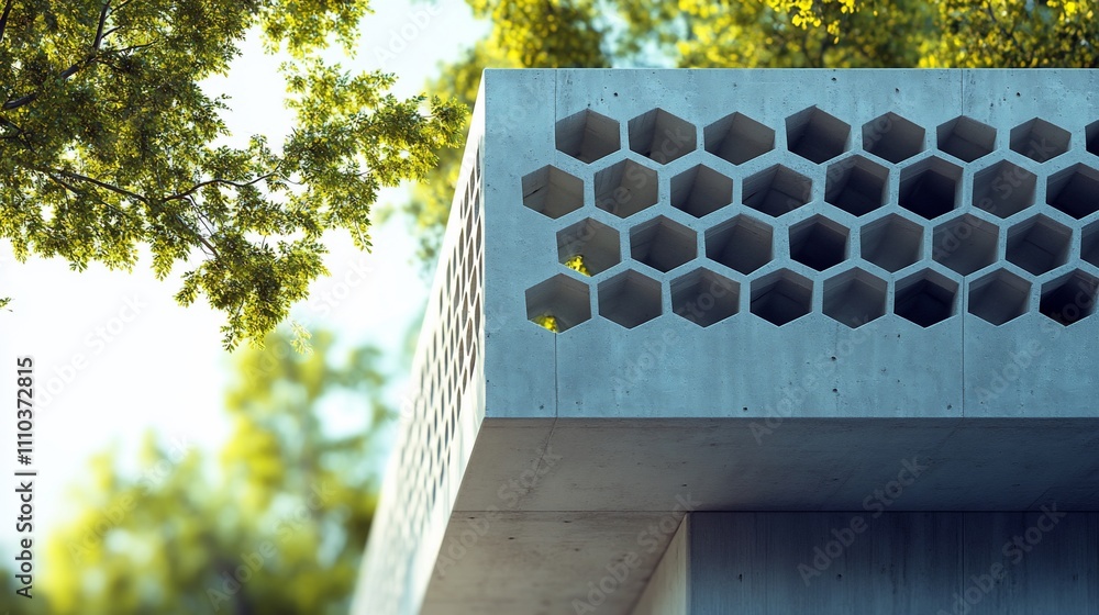 Poster modern concrete structure with hexagonal cutouts, set against a backdrop of lush green trees.