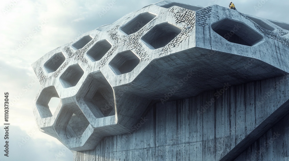 Poster futuristic concrete structure with honeycomb pattern.