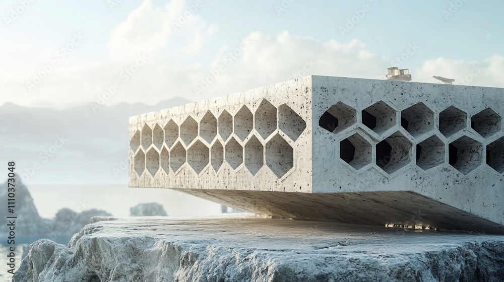Poster abstract concrete structure with hexagonal pattern, perched on cliff overlooking serene seascape.