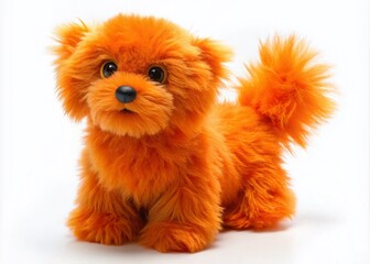 Playful Orange Furry Toy Dog Isolated on White Background, Ideal for Pet Lovers and Home Decor, Soft Texture and Adorable Design for Various Uses in Photography and Marketing