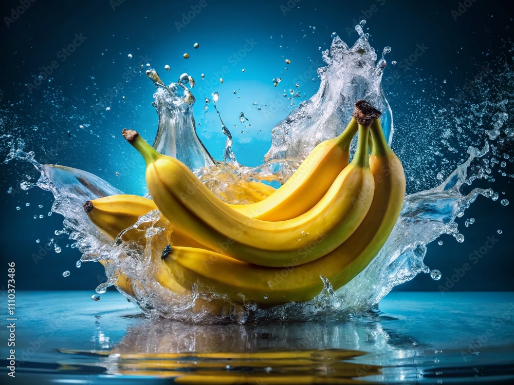 Poster playful water splash with ripe bananas: a colorful display of freshness and fun captured in stunning
