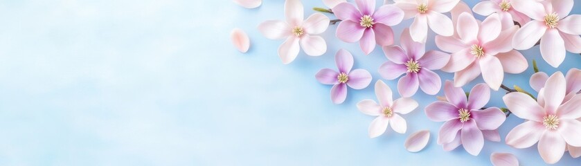 Obraz premium A serene arrangement of delicate pink and white flowers against a soft blue background, evoking a sense of tranquility and beauty.
