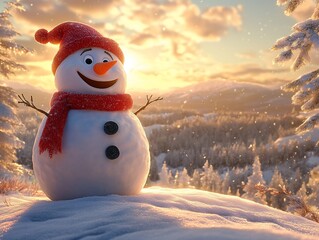 Fototapeta premium Joyful snowman in snowy mountain sunset.