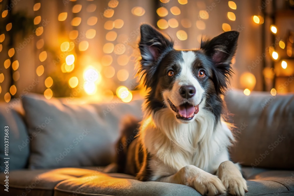 Poster portrait of a happy border collie relaxing on a sofa in a cozy living room, capturing the joy and co