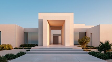 Fototapeta premium A modern, minimalist house with clean lines, large windows, and a serene entryway surrounded by greenery and soft landscaping.