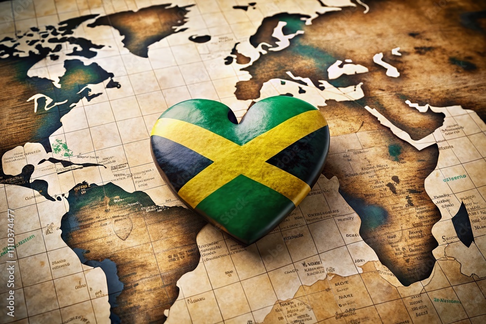 Poster puzzle heart featuring jamaica's national flag on a world map background reflecting global unity and