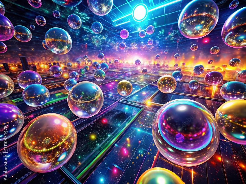 Poster quantum bubble fusion: abstract light patterns in a futuristic digital space captured by drone photo