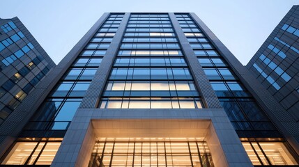 A modern office building with a glass facade, illuminated at dusk, showcasing contemporary architecture and urban design.