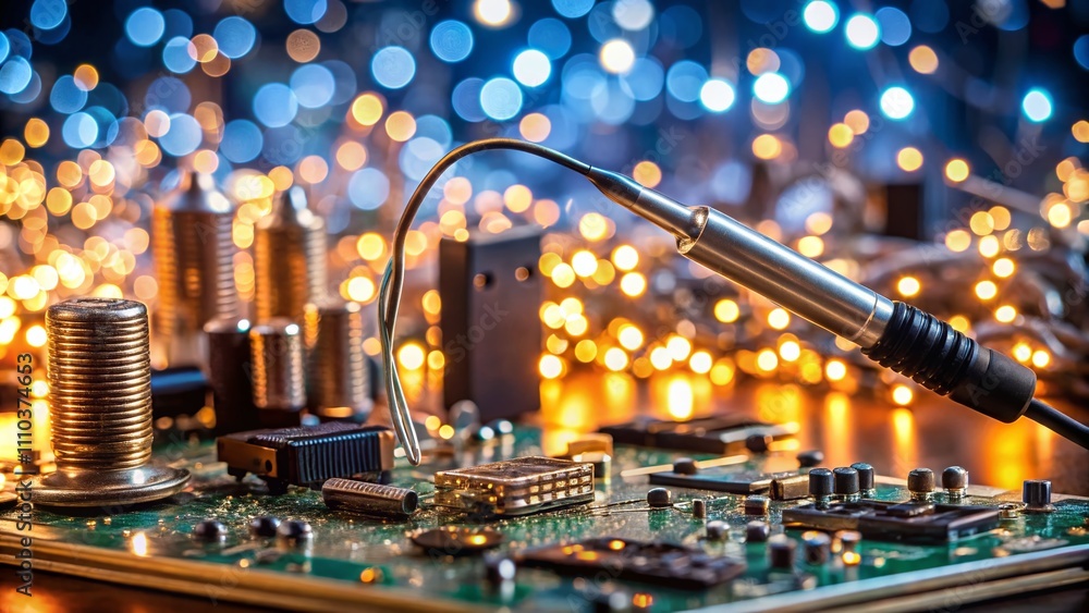 Poster radio components and soldering iron amidst bokeh effect – capturing the intricate world of electrica