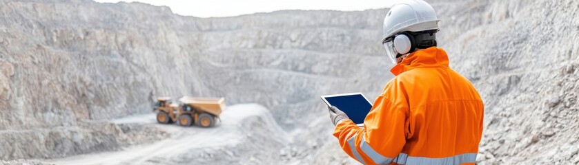 A construction worker in an orange safety suit and helmet uses a tablet in a quarry, overseeing mining operations and machinery.