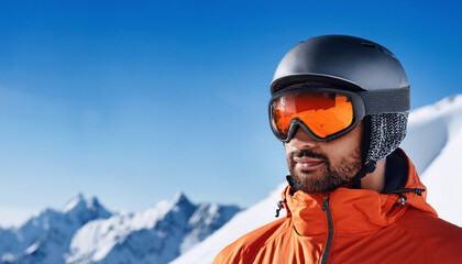 Portrait of a South American man in bright winter jacket and reflective ski goggles enjoying snowy mountain scenery