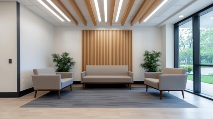 A modern waiting area featuring minimalist furniture, wooden accents, and large windows allowing natural light.