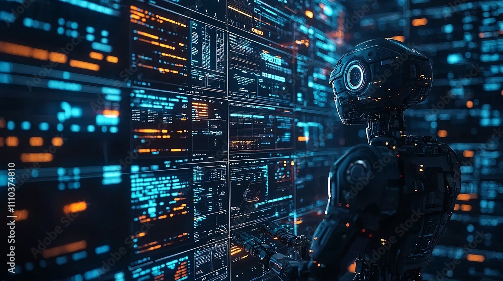 Aufkleber a robot monitoring multi-currency forex pairs and making automated trading decisions stock photo wit