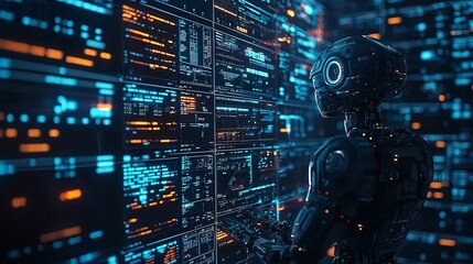 A robot monitoring multi-currency forex pairs and making automated trading decisions Stock Photo with side copy space