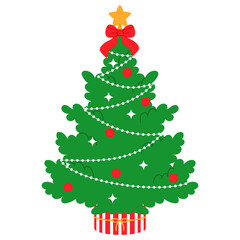 decorative christmas tree with red bow and star on gift box illustration