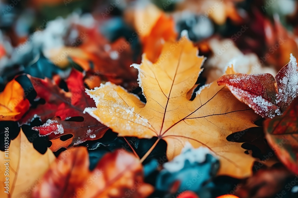 Poster a close-up of autumn leaves with frost on their edges, captured against a blurred background
