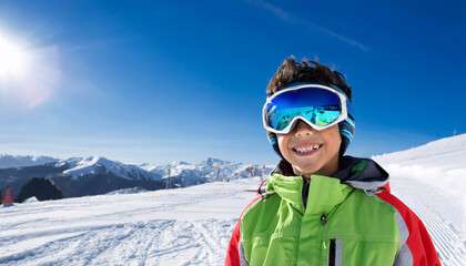 Cheerful South American boy in ski goggles enjoys a sunny day on the slopes during winter in the Andes mountains