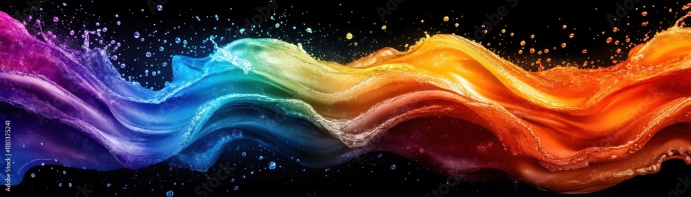 Poster a vibrant, flowing wave of colors in a spectrum, surrounded by splashes of water, creating a dynamic