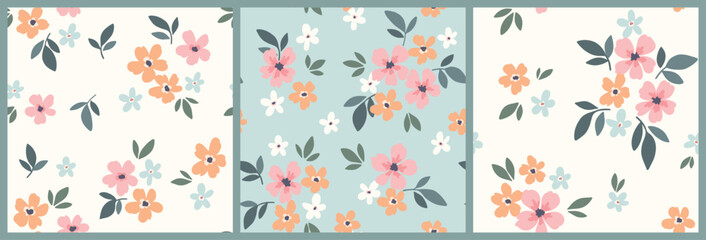 Seamless floral pattern, cute ditsy print in liberty style. Pretty botanical design collection in pastel colors: small hand drawn daisy flowers, tiny leaves, simple bouquets. Vector illustration.
